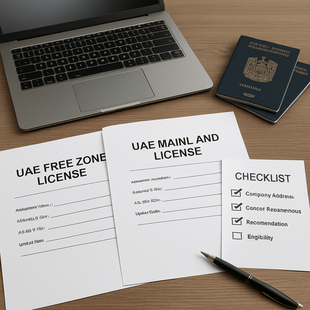 A professional office desk with UAE free zone and mainland licensing documents spread out, showing a laptop, passport copies, and a checklist. Alt: Evaluating eligibility for UAE mainland operations.