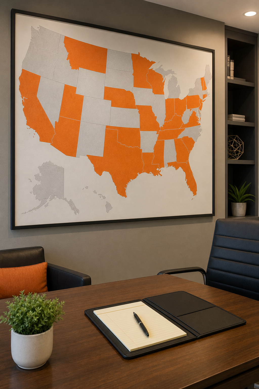 A photorealistic wide-angle view of a US map on a wall with several states highlighted in orange, representing states where title loans are legally permitted, in a professional financial advisory office setting. Alt: US map showing states where title loans with bad credit are legally allowed.