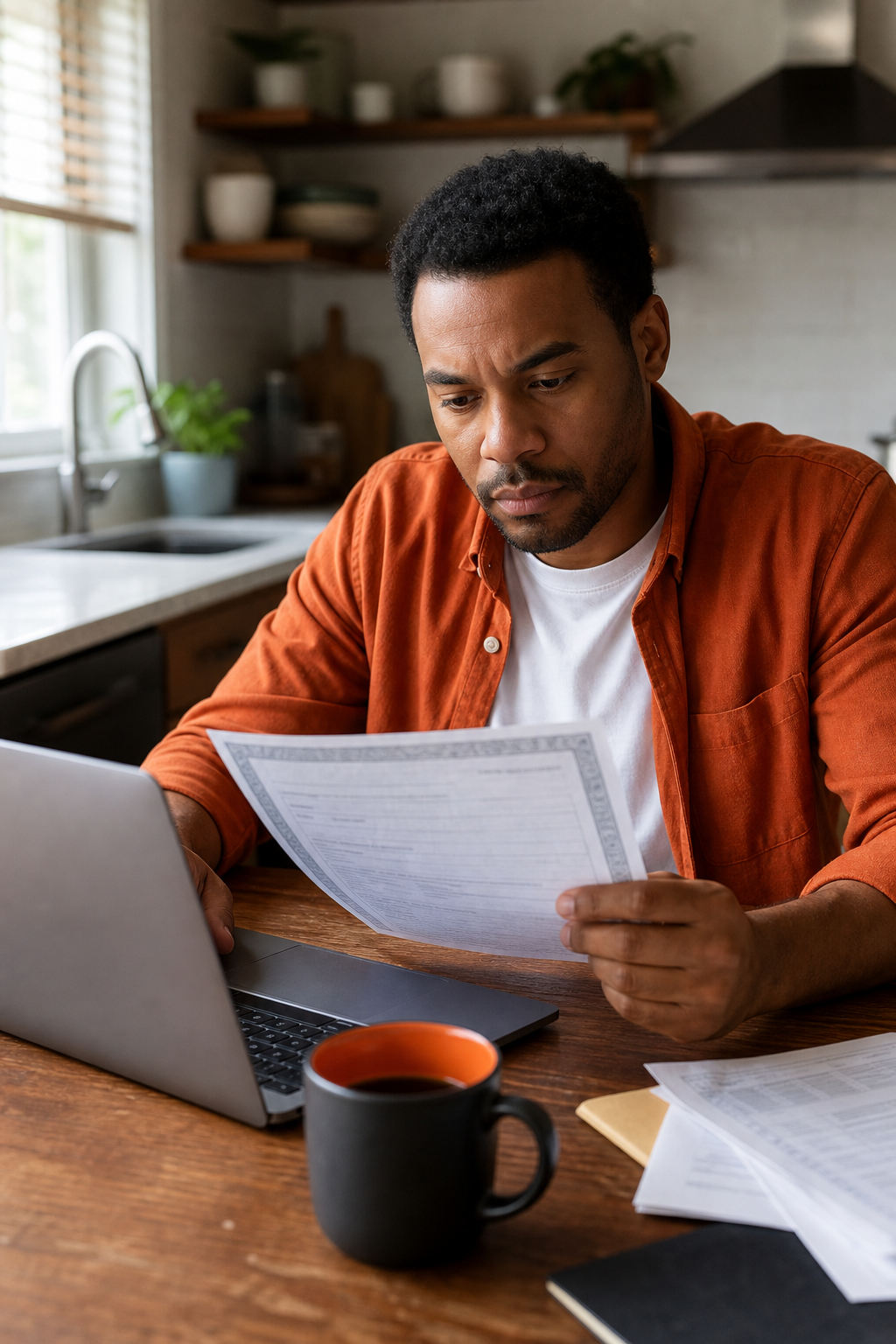 A photorealistic scene of a person sitting at a kitchen table with a laptop open, reviewing a car title document with a cup of coffee nearby, warm natural lighting, focused and calm atmosphere. Alt: person reviewing car title loan options online at home.