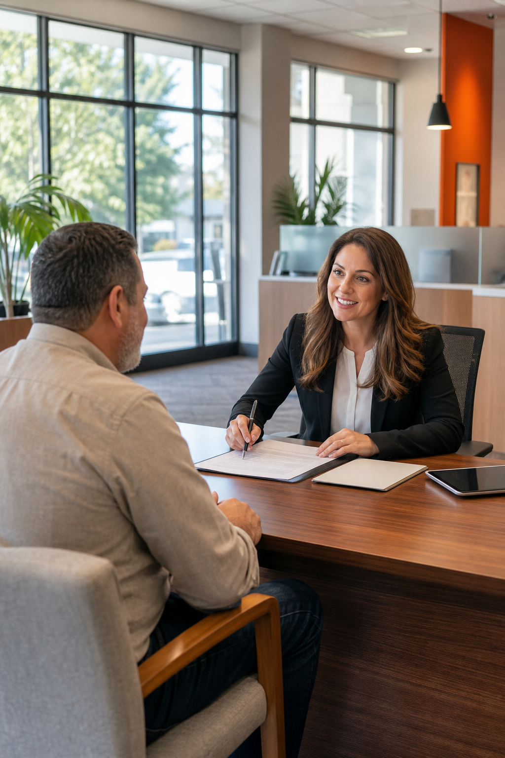 A photorealistic interior of a credit union branch with a member speaking to a friendly loan officer at a desk, natural light through large windows, professional and welcoming environment. Alt: credit union member discussing a secured loan with a loan officer.
