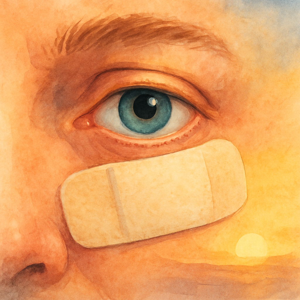 A close‑up of an eye with a soft post‑surgery bandage and a gentle sunrise in the background, representing the healing timeline. Alt: Post‑surgery eye healing timeline for cataract patients