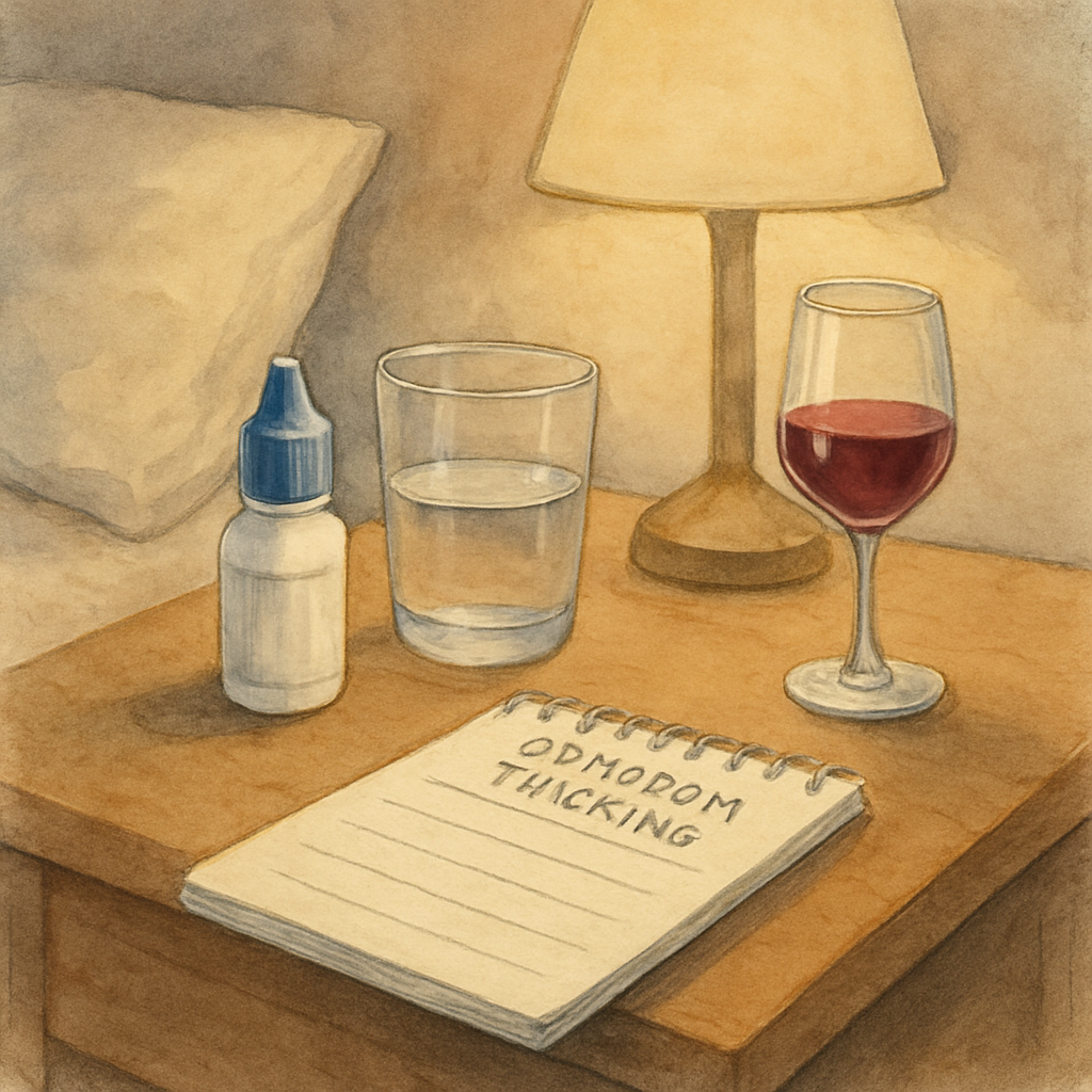 A calm bedroom nightstand with an eye‑drop bottle, a half‑filled water glass, and a small wine glass beside a notepad for symptom tracking. Alt: Monitoring symptoms after drinking alcohol post‑cataract surgery.