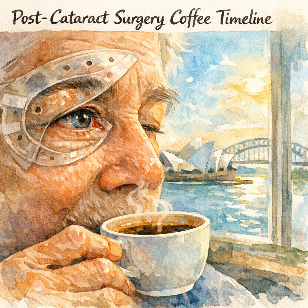 A close‑up of a relaxed patient sipping a small cup of coffee beside a sunny Sydney window, with a gentle focus on the eye, Alt: “post‑cataract surgery coffee timeline”