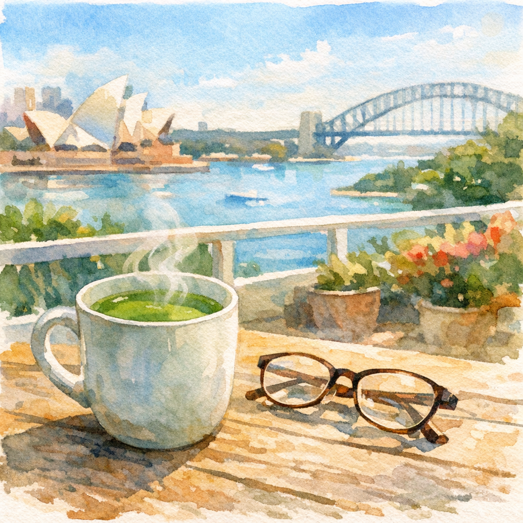 A sunny Sydney balcony with a steaming cup of matcha beside a pair of reading glasses, soft focus, showing a relaxed recovery setting. Alt: caffeine‑free alternative beverage for cataract surgery recovery.