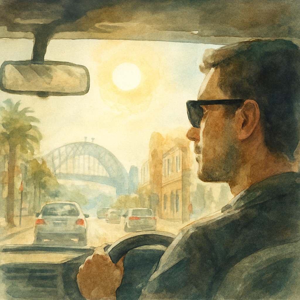 A driver wearing sunglasses, looking out of a car windshield on a bright Sydney street. Alt: Eye dilation effect on driving vision, showing glare and reduced contrast.