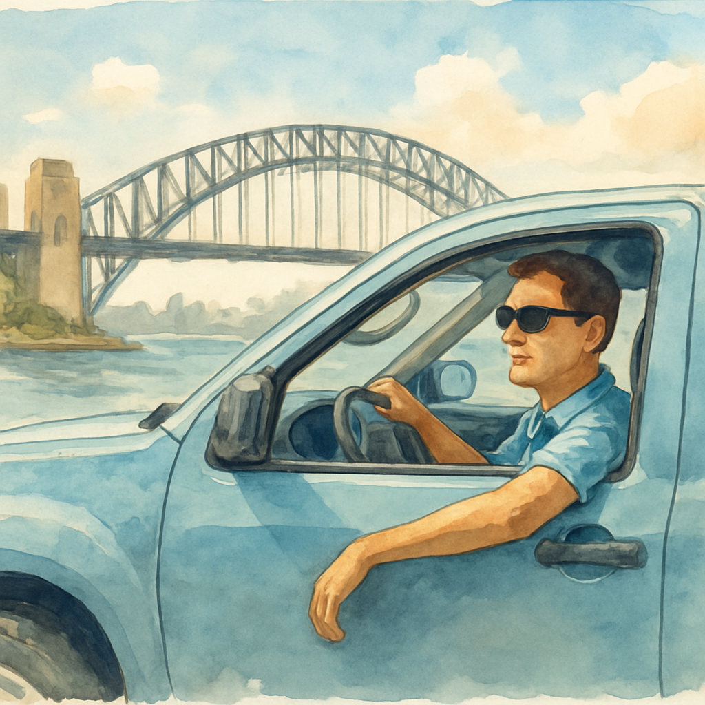 A Sydney driver wearing polarized sunglasses, sitting in a parked ute with a clear view of the harbour bridge in the background. Alt: Can you drive after eye dilation – safe driving decisions in Sydney