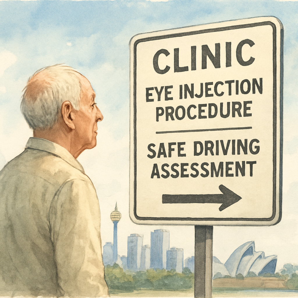 A senior Australian patient looking at a road sign outside a clinic, with a clear sky and Sydney skyline in the background. Alt: Understanding eye injection procedure and safe driving assessment