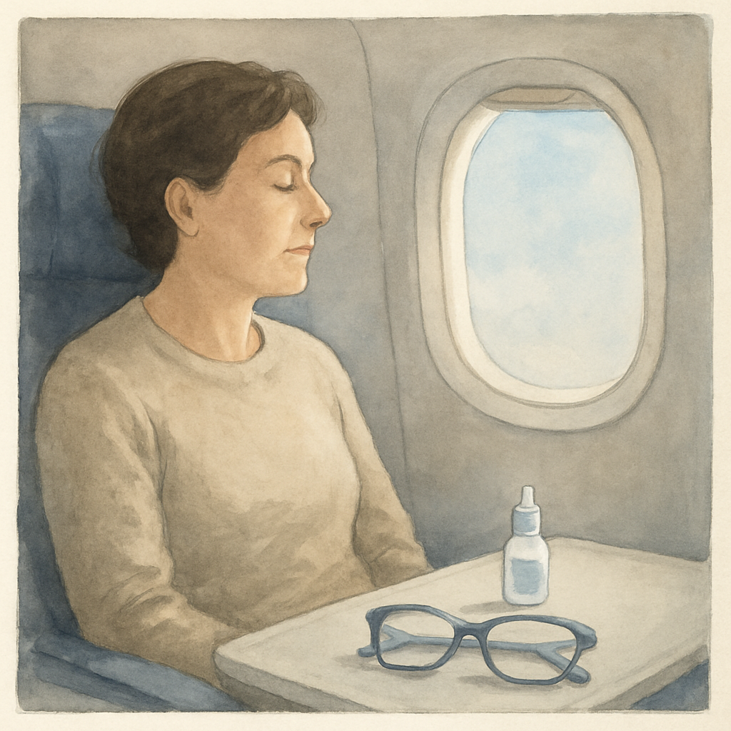 A calm traveler seated by an airplane window, wearing a light sweater, with a small bottle of eye drops on the tray table and a pair of blue‑light glasses beside the seat. Alt: cataract surgery recovery timeline for safe air travel