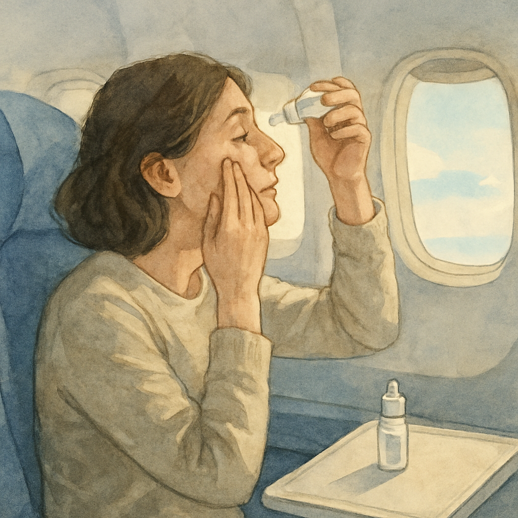 A calm airline cabin with a passenger gently applying eye drops, soft natural light filtering through the window, focus on the travel‑size eye‑drop bottle on the tray table. Alt: post‑cataract surgery eye drop use during flight.