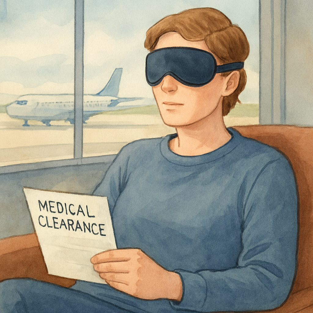 A calm traveler sitting in an airport lounge, wearing a sleek eye mask and sunglasses, with a subtle medical note visible in their hand. Alt: Preparing for a flight after retinal detachment clearance.