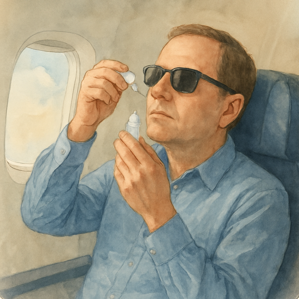 A calm passenger seated near an aisle, wearing anti‑glare sunglasses, gently adjusting a lubricating eye drop bottle. Alt: Managing eye pressure during a flight.