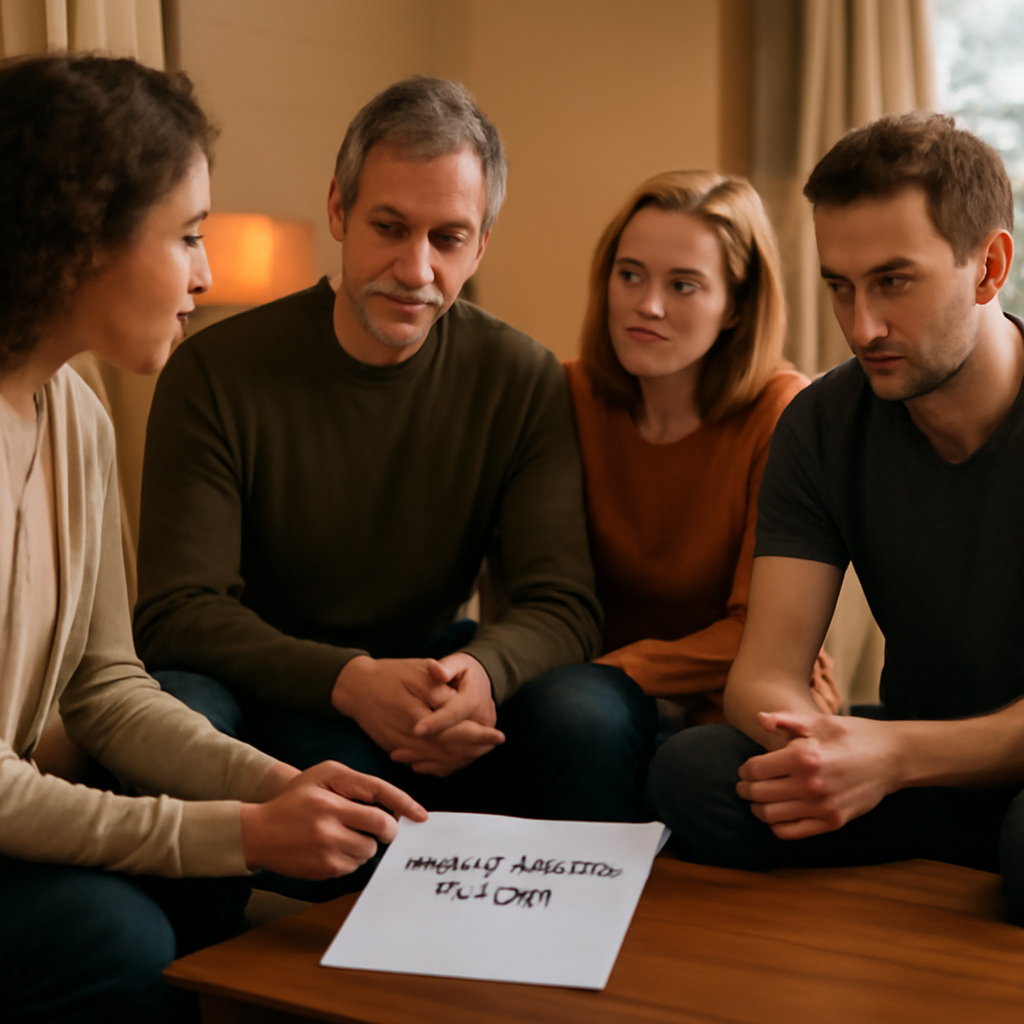 A warm living room where a family sits with a counselor reviewing a post‑rehab plan. Alt: Follow‑up support after rehab for loved one.