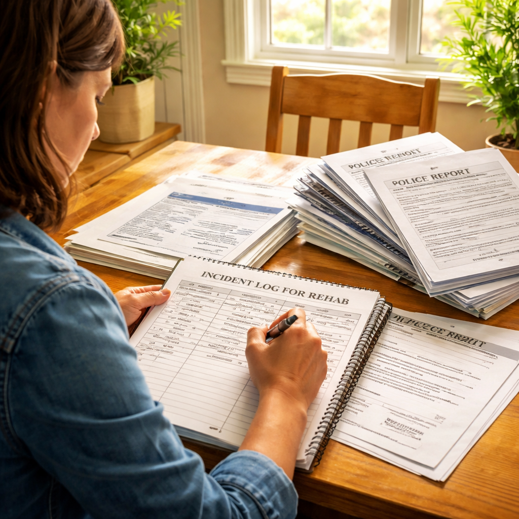 A photorealistic scene of a family member sitting at a kitchen table, filling out a detailed incident log on a notebook while a stack of medical records, police reports, and an interventionist’s assessment letter sit beside them. The setting is a bright Florida home with sunlight streaming through a window, conveying hope and determination. Alt: Detailed incident log for court‑ordered rehab in Florida.