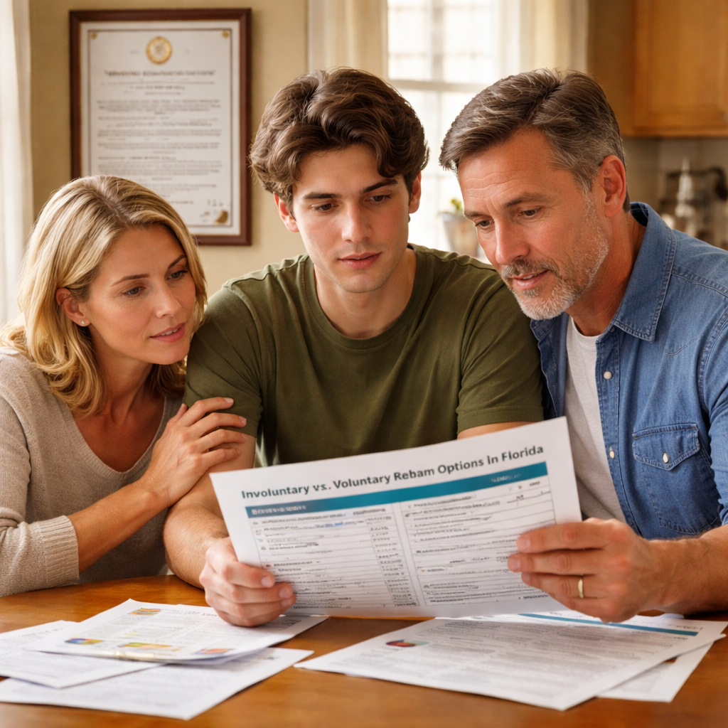 A photorealistic scene of a family sitting at a kitchen table reviewing a printed comparison table of rehab options, with a Florida courtroom order visible on the wall behind them. Soft natural lighting highlights the papers and the concerned but hopeful expressions on their faces. Alt: Family comparing involuntary and voluntary rehab options in Florida