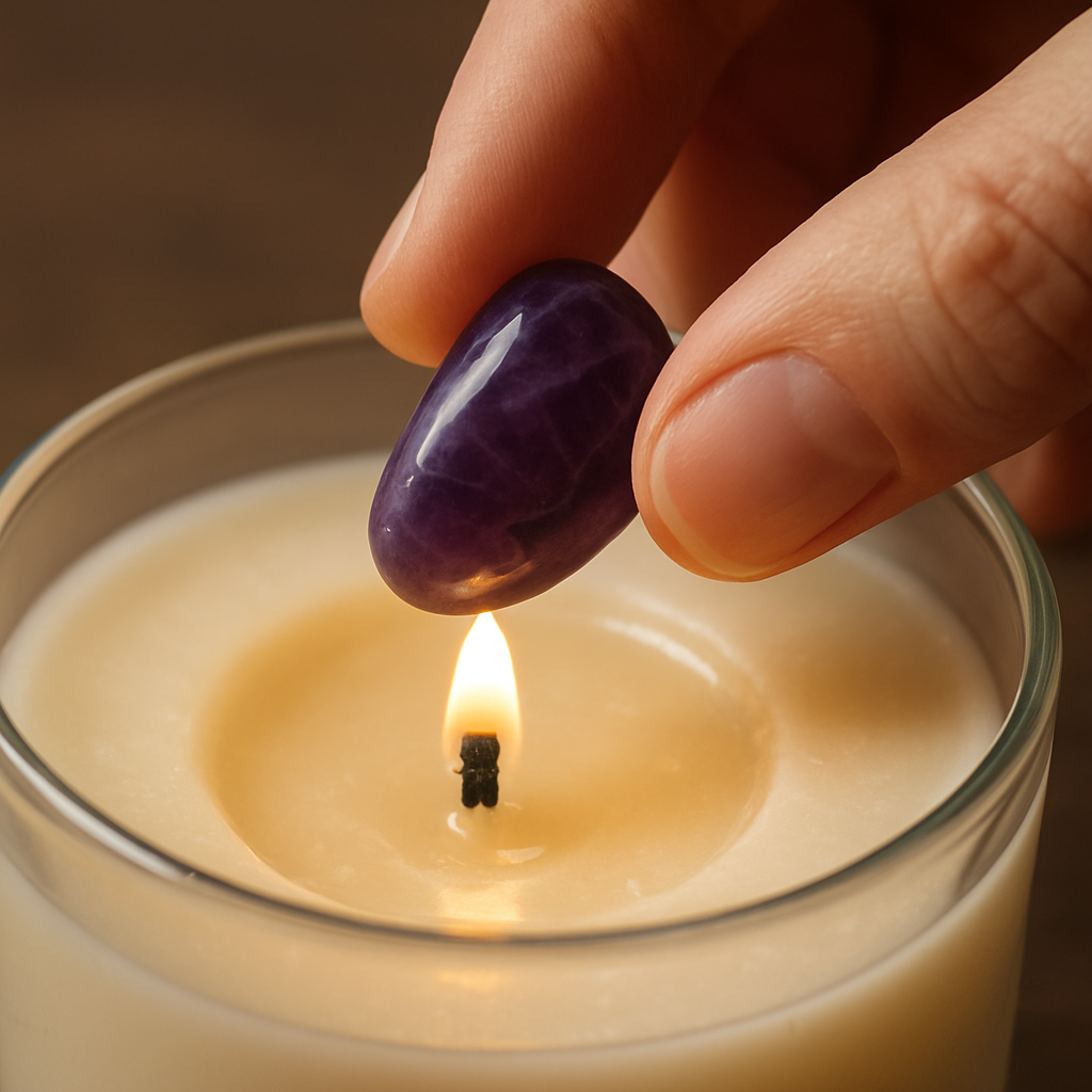 A close‑up of a hand placing a smooth amethyst chip into a half‑melted soy candle, the wax shimmering around the stone. Alt: