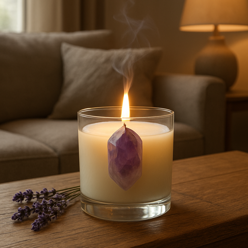A cozy living room corner with a lit soy candle, lavender scent swirling, and a glowing amethyst crystal embedded in the wax. Alt: Aromatherapy crystal candle enhancing relaxation