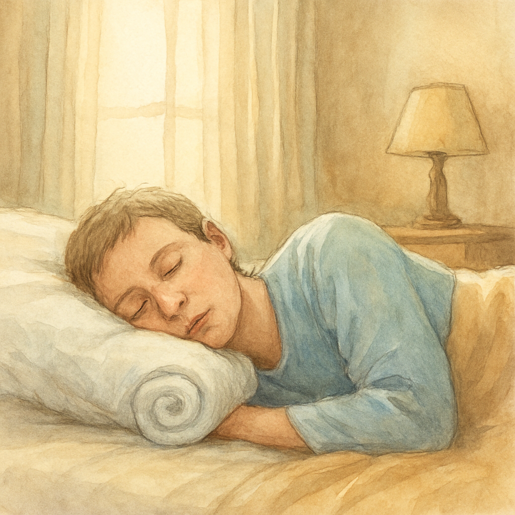 A cozy bedroom scene with a soft pillow, a rolled cotton towel placed under the cheek of a sleeping patient, soft morning light filtering through curtains. Alt: Post‑surgery side‑sleep setup for cataract patients.