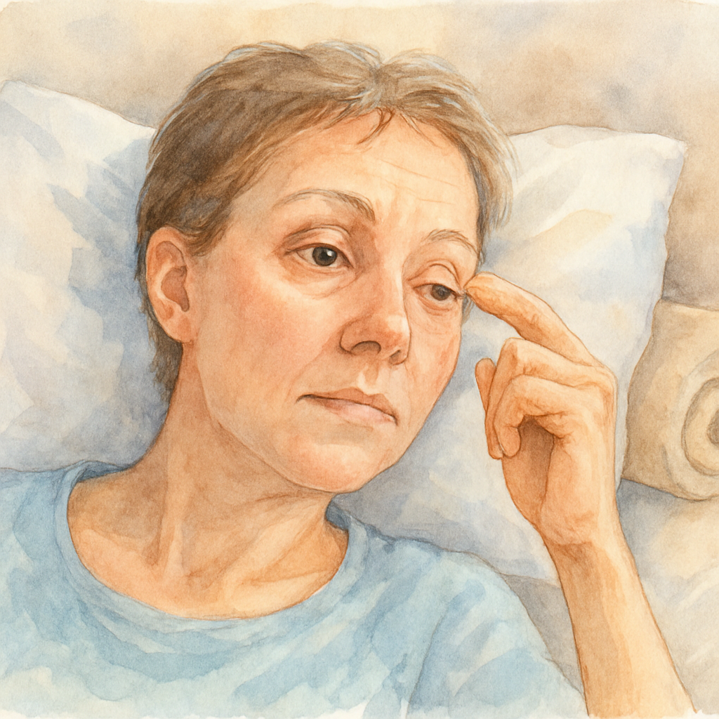 A close‑up of a relaxed patient checking their eye in the morning, with a soft pillow and rolled towel visible. Alt: Post‑cataract surgery eye check for discomfort and complications