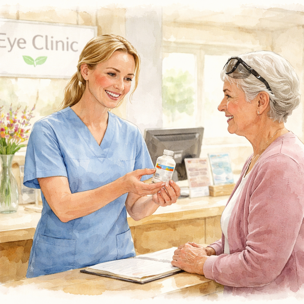 A friendly Australian eye clinic reception with a nurse handing a patient a bottle of ibuprofen, soft natural lighting, showing a calm, supportive environment. Alt: Patient receiving post‑cataract surgery pain relief guidance.
