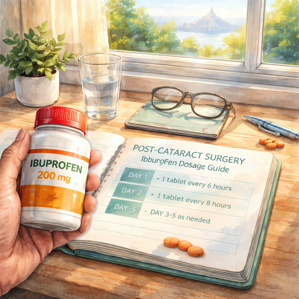 A sunny Sydney clinic room with a patient holding a bottle of ibuprofen, a notebook open to a dosage chart, and a gentle beam of morning light through the window. Alt: Post‑cataract surgery ibuprofen dosage guide