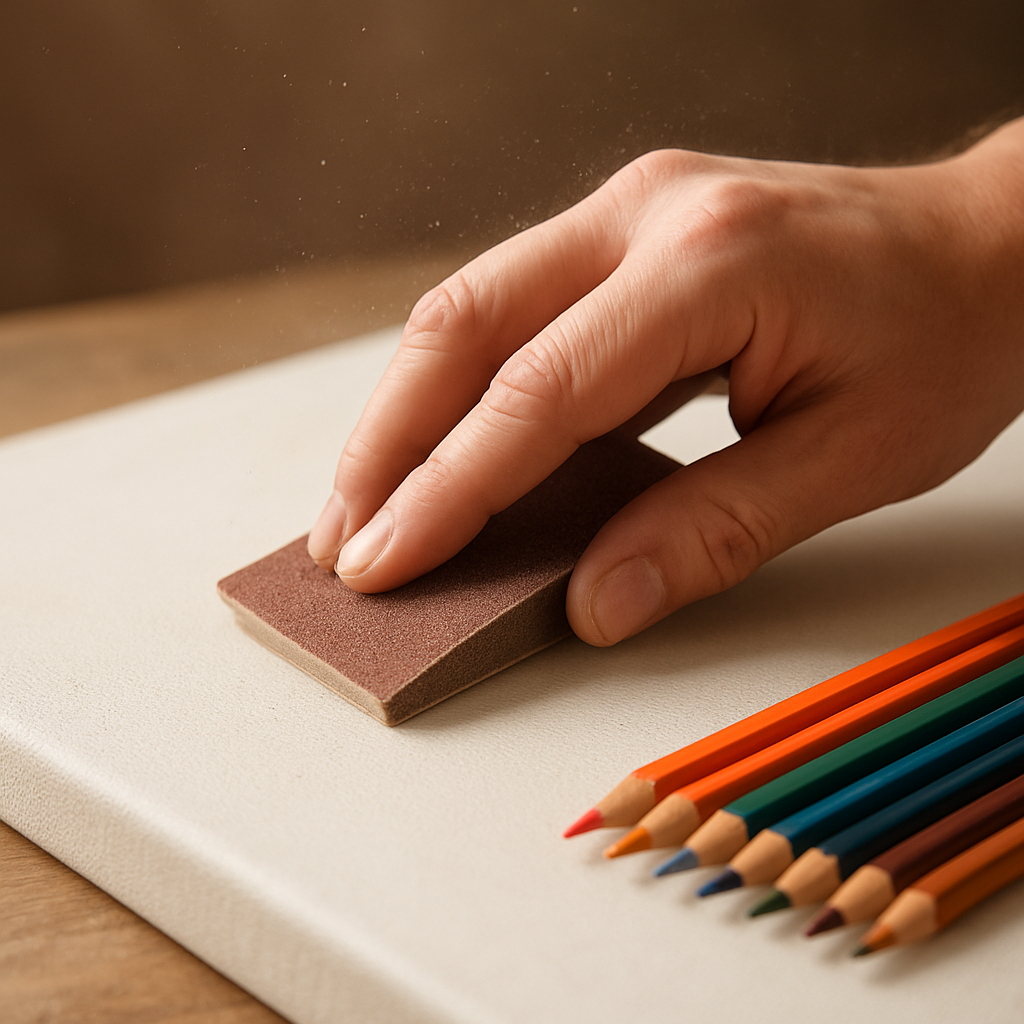 A photorealistic close‑up of a hand sanding a primed canvas, showing fine‑grain sandpaper, dust particles floating in soft studio light, and a set of colored pencils nearby. Alt: Preparing canvas surface for colored pencils.