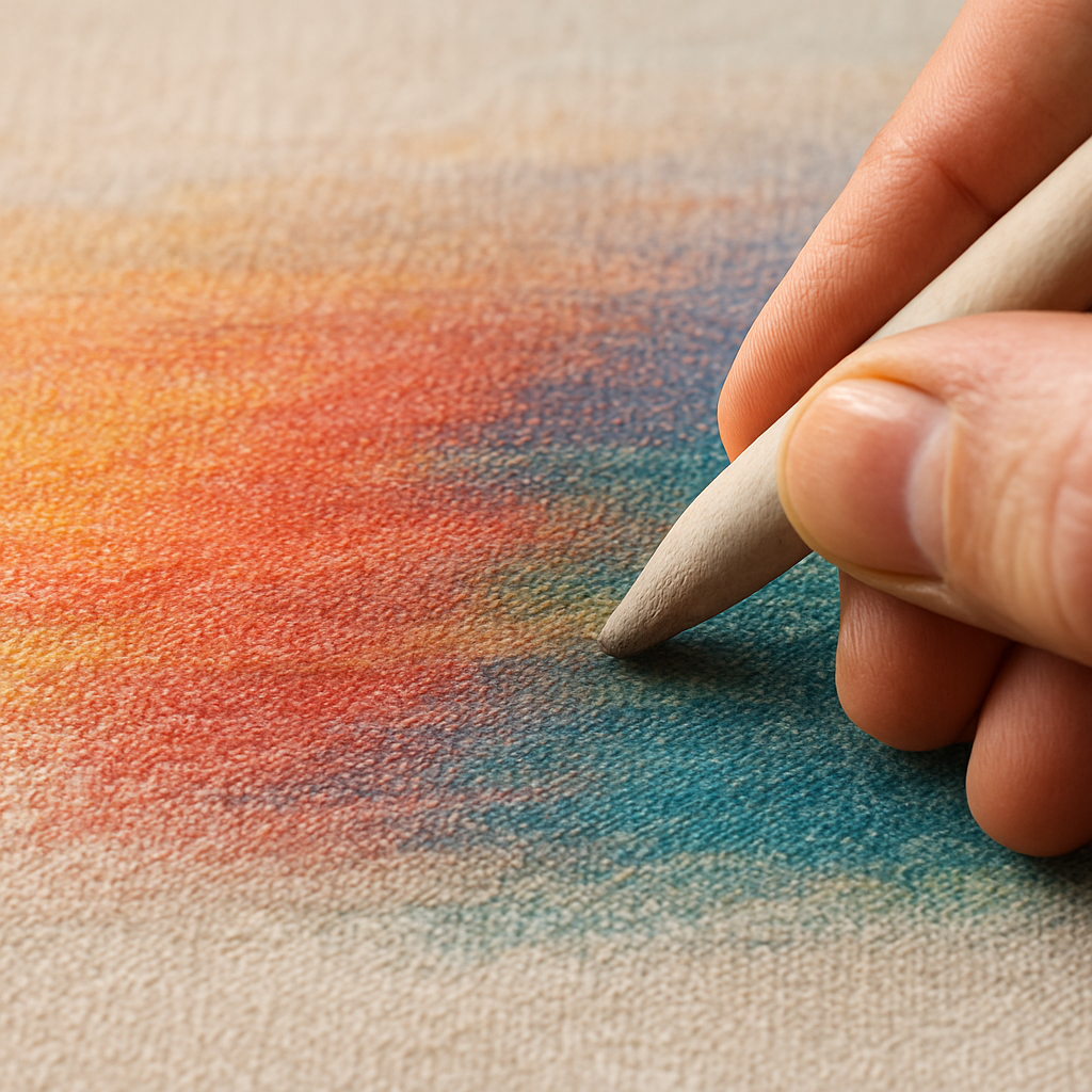 A photorealistic close‑up of an artist’s hand blending colored pencils on a sanded canvas, showing fingertip and blending stump, with soft natural light highlighting the texture of the canvas. Alt: Blending colored pencils on canvas for vibrant artwork