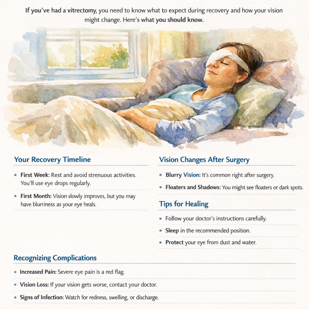 A patient relaxing on a couch, eyes gently covered with a soft eye patch, soft natural light from a window. Alt: Understanding vitrectomy recovery and vision changes after surgery.