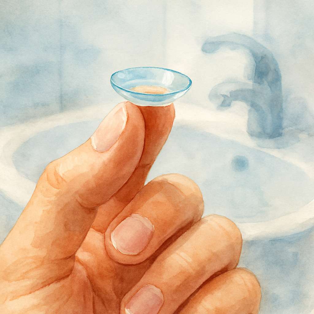 A close‑up of a hand holding a clean, daily disposable contact lens against a soft, blurred background of a bathroom sink. Alt: Post‑cataract surgery contact lens preparation