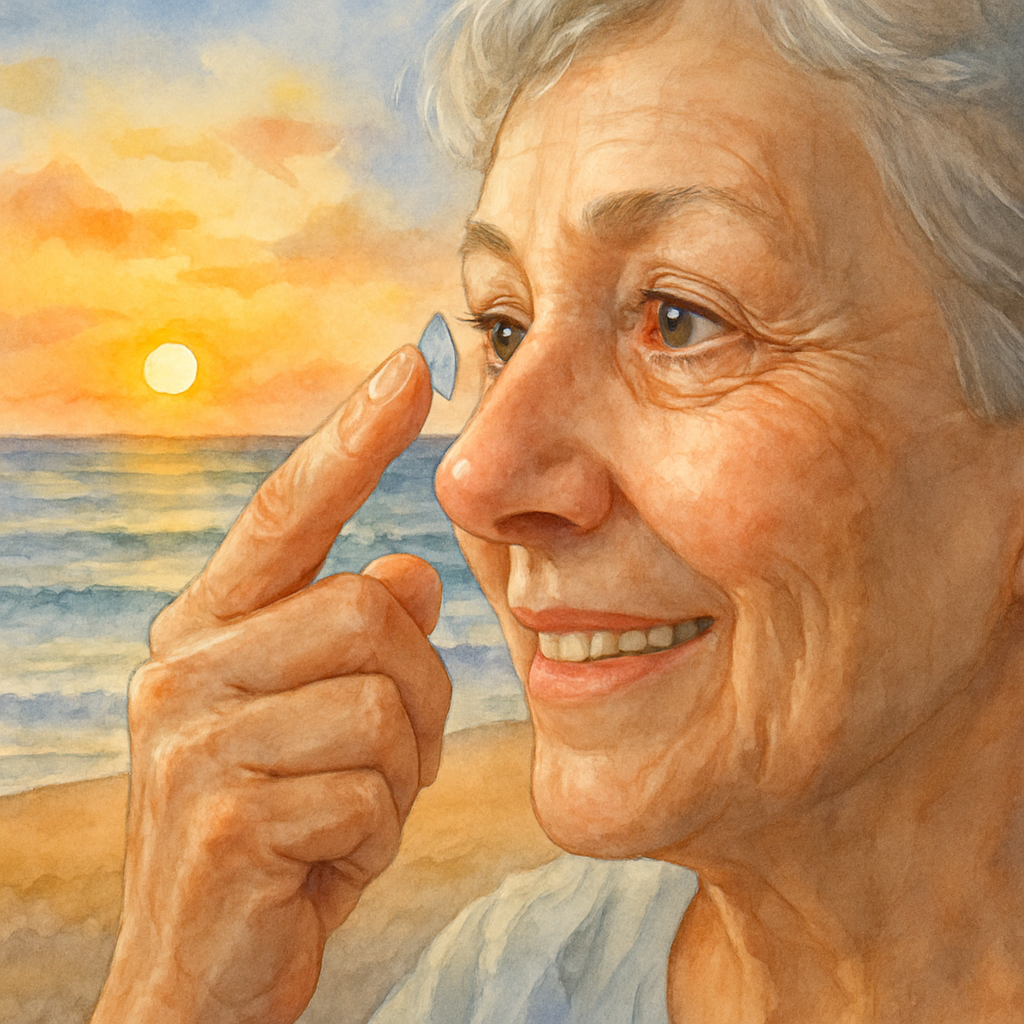 A close‑up of a smiling older adult gently placing a daily disposable contact lens on their eye, with a soft focus background of a Sydney beach sunrise. Alt: Long‑term vision management after cataract surgery – healthy eyes, happy life.