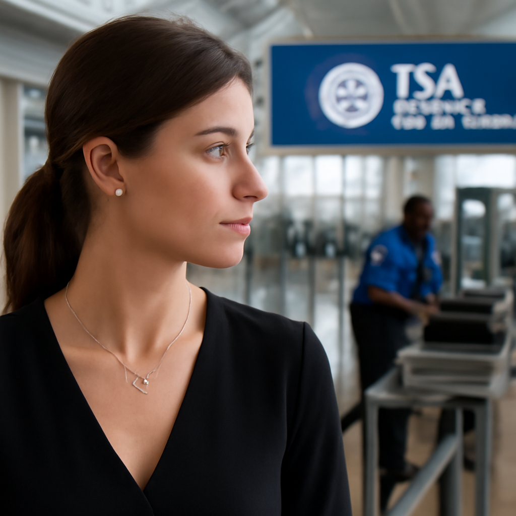 A stylish woman in a modern airport terminal, wearing a delicate cubic zirconia necklace, glancing at a TSA security checkpoint. Alt: 