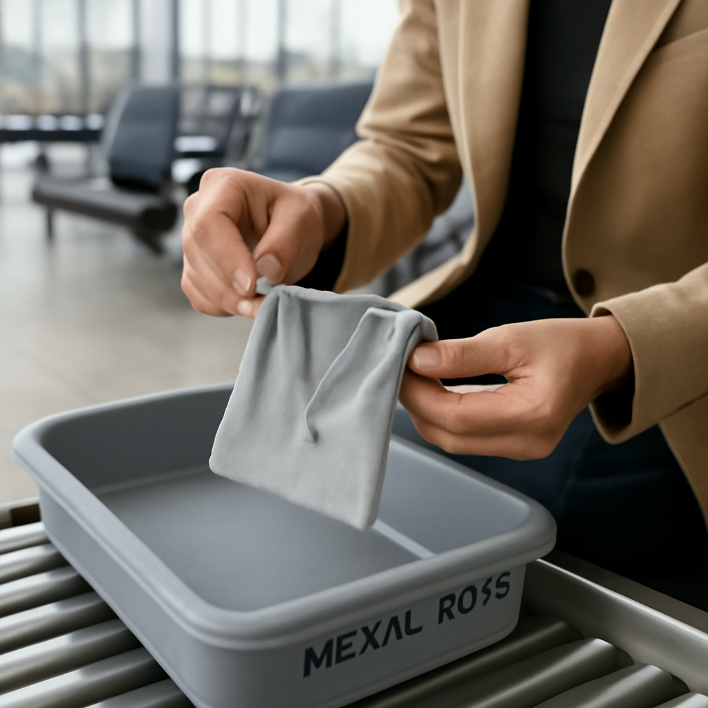 A traveler in a sleek airport lounge holding a soft microfiber jewelry pouch open, ready to place a delicate necklace into a metal‑free X‑ray bin. Alt: Travel‑ready jewelry pouch for airport security.