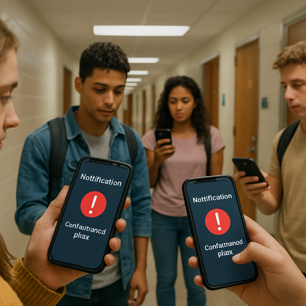 A photorealistic scene of a college dorm hallway with smartphones in students' hands, notifications popping up about a controversial post, illustrating the spread of cancel culture, Alt: Cancel culture origins and evolution visual for Gen Z audience.