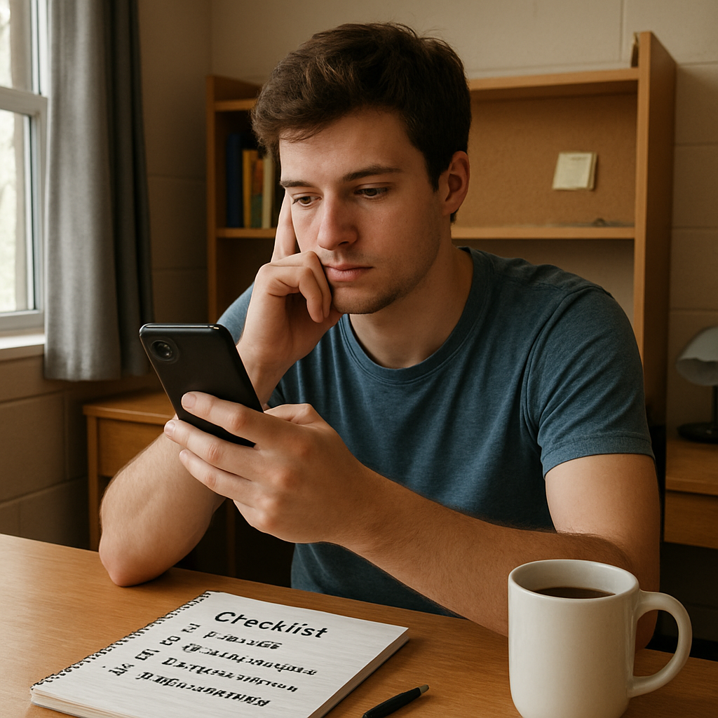 A photorealistic scene of a college student sitting at a dorm desk, phone in hand, looking thoughtfully at a notification while a notebook with a checklist lies open beside a coffee mug. Alt: Practical ways to navigate cancel culture responsibly for Gen Z students.