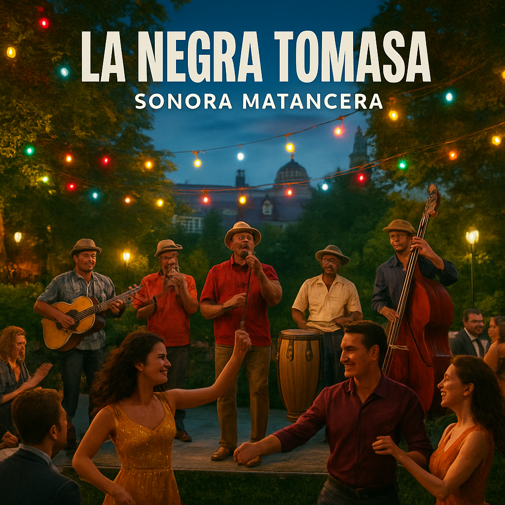 A vibrant evening scene in a European garden venue with a live Cuban band playing