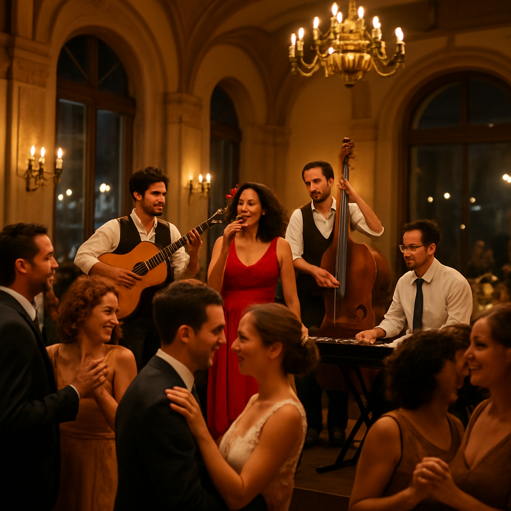 A lively European wedding hall with a live band playing “Yolanda” by Pablo Milanés, guests swaying, warm lighting, Cuban vibe. Alt: Pablo Milanés Yolanda event atmosphere