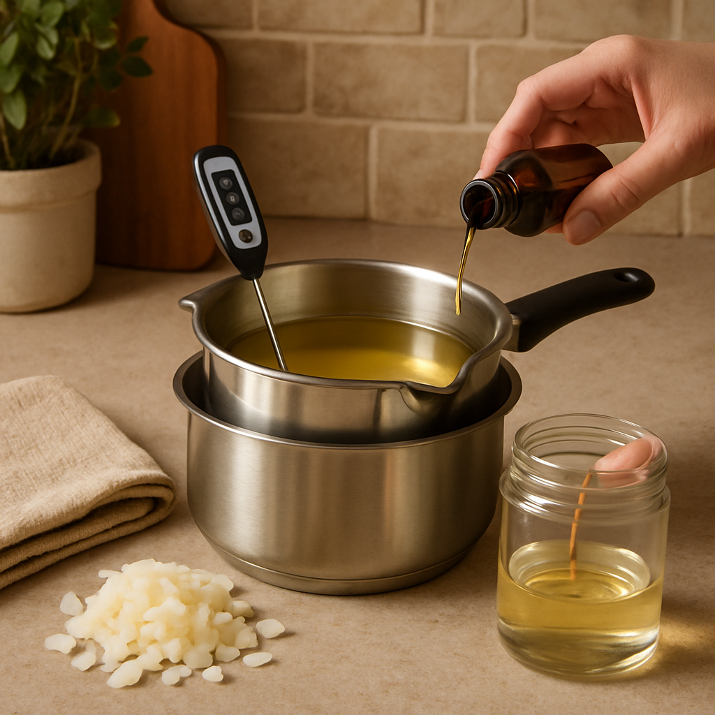 A cozy kitchen countertop with a double‑boiler melting wax, a digital thermometer in the side, and a bottle of essential oil being poured. Alt: candle making for beginners at home melting wax and adding fragrance.