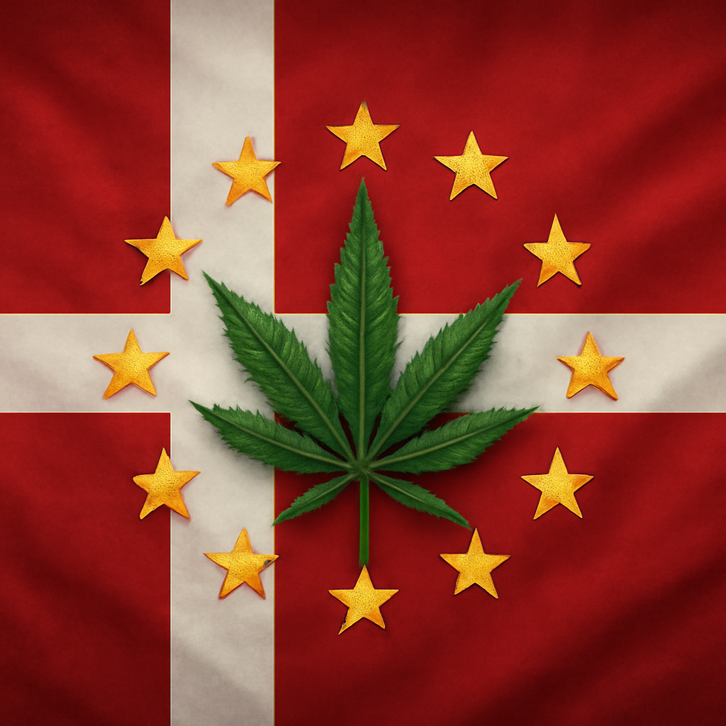 Illustration of a Danish flag with EU stars and a stylized CBD leaf. Alt: