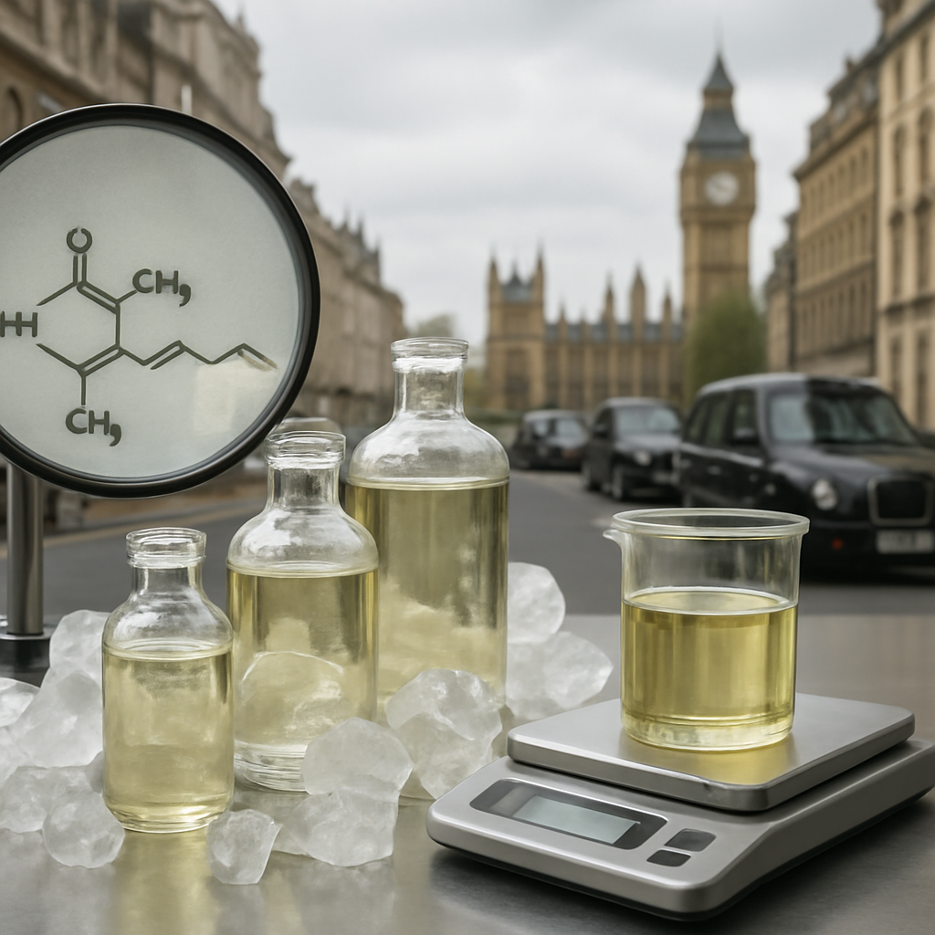 A lab setting with glass containers of cold, clear cannabis oil, surrounded by ice cubes, a measuring scale, and a magnified view of terpene molecules. Alt: Detailed image of a cannabis oil extraction process showing cold-water method.