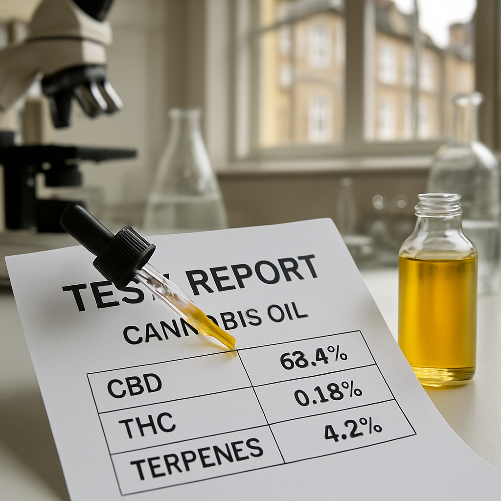 A laboratory setup showing a test report for cannabis oil, with close‑up of numbers and a stylized lab environment. Alt: Test report for cannabis oil with visible CBD, THC, terpene levels.