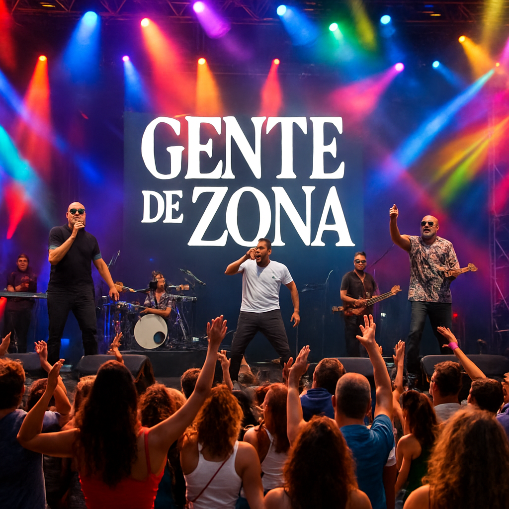 A vibrant stage at a European music festival with Gente de Zona performing, colorful lights, and a lively crowd dancing. Alt: Gente de Zona reggaetón tropical en festival europeo