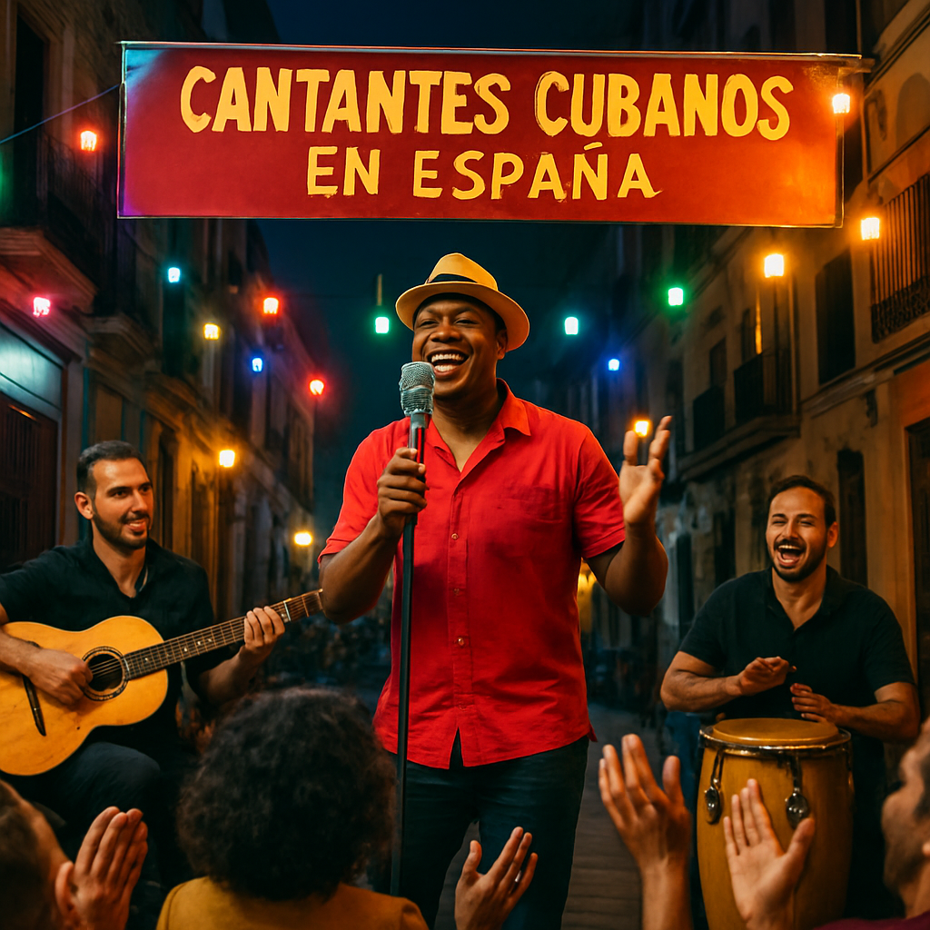 A vibrant street scene in Madrid with a Cuban singer on stage, colorful lights, audience clapping. Alt: cantantes cubanos en España en vivo durante un evento