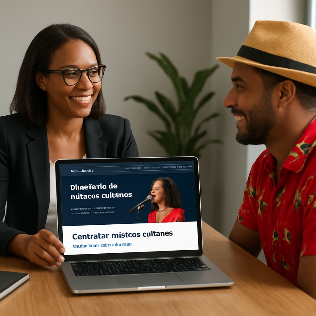 A professional meeting between an event organizer and a Cuban singer, with a laptop displaying a talent platform. Alt: comparativa plataformas agencias contratar cantantes cubanos España