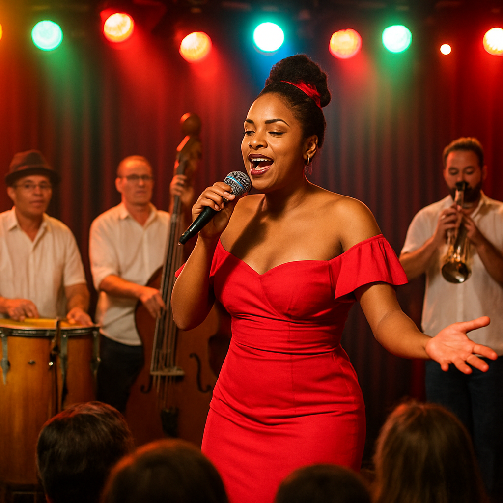 A vibrant stage with a Cuban singer performing salsa, bolero, and timba for a European audience. Alt: Cantantes cubanos en eventos europeos mostrando diversidad de géneros