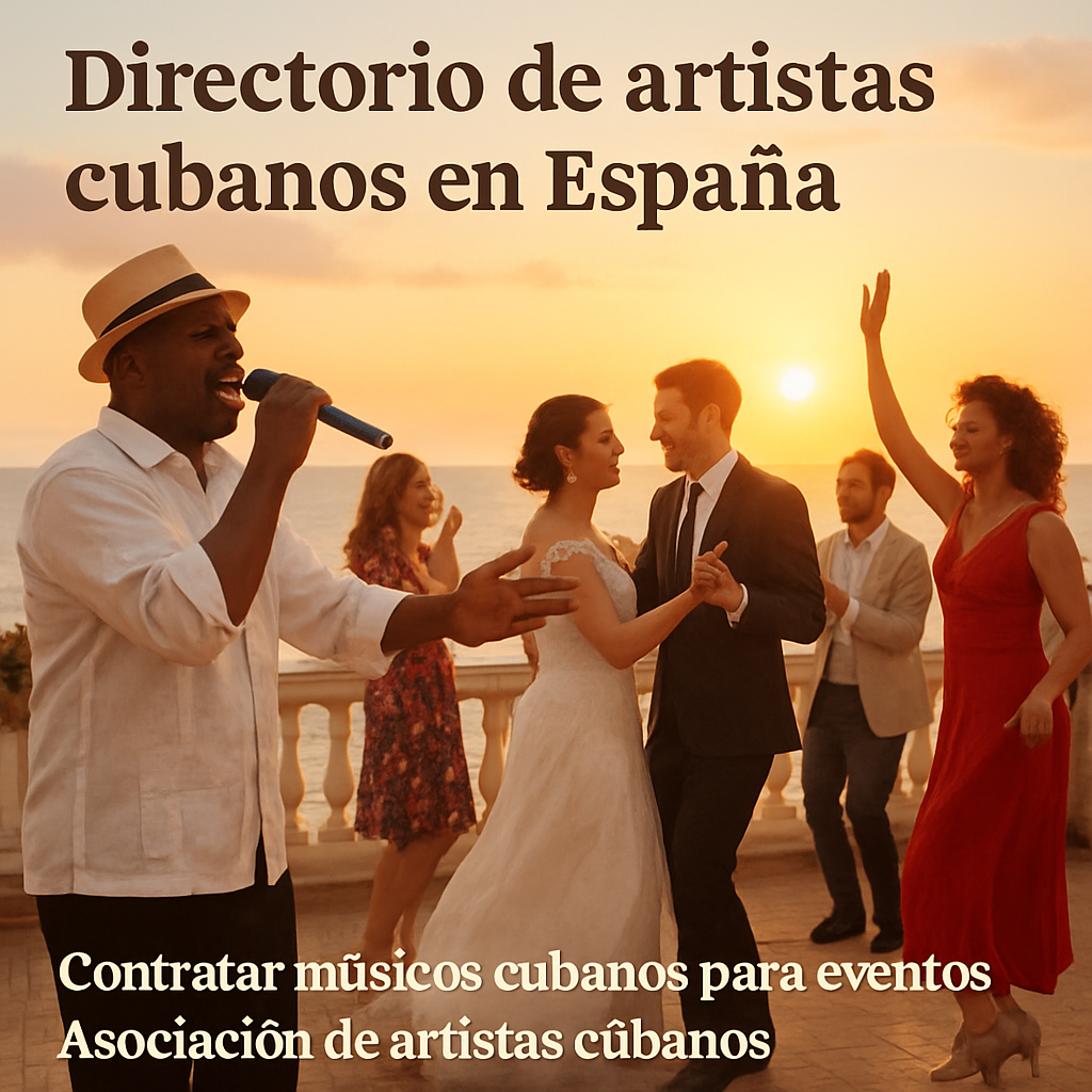 A vibrant Spanish wedding scene with a Cuban singer performing on a seaside terrace, guests dancing, sunset lighting. Alt: cantantes cubanos en eventos españoles exitosos
