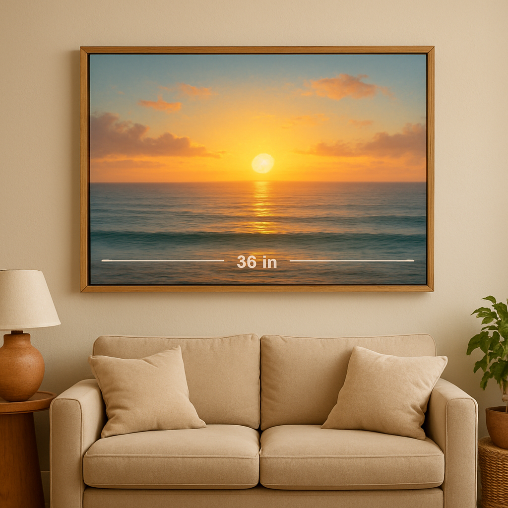 A cozy living‑room wall with a large, beautifully framed canvas of a sunrise, showing the canvas size in inches on a subtle overlay. Alt: Understanding canvas print sizes for home decor