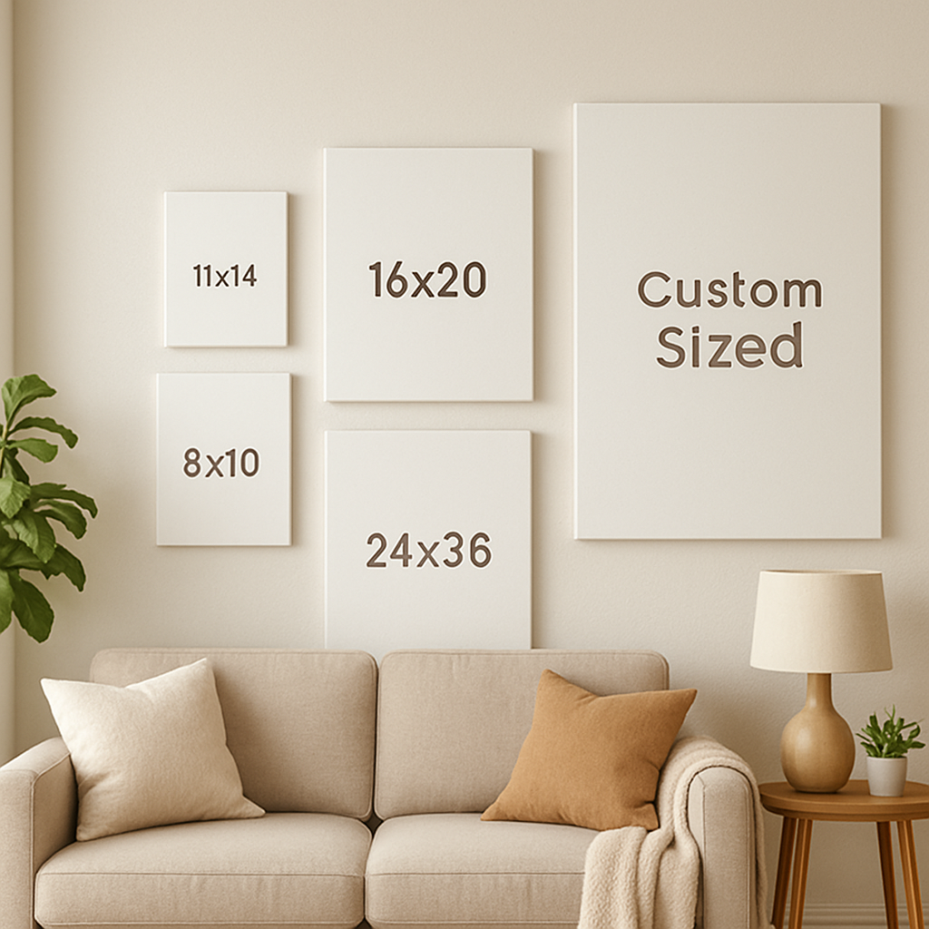 A collage showing standard canvas dimensions next to a custom-sized canvas in a living room. Alt: Comparison of standard and custom canvas sizes for home décor