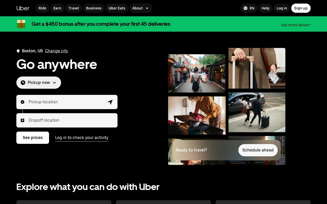 Screenshot of the Uber website