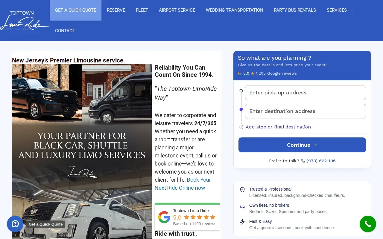 Screenshot of the Toptown LimoRide website