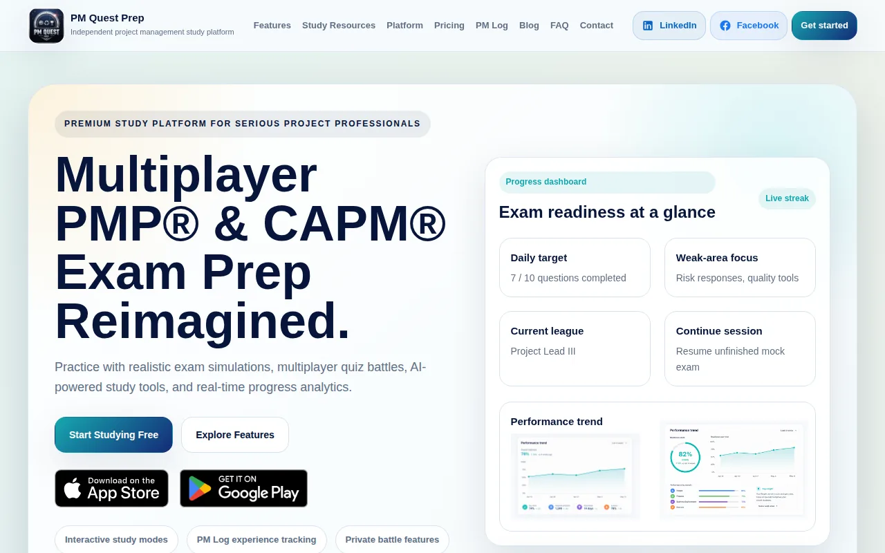 Screenshot of the PM Quest Prep website