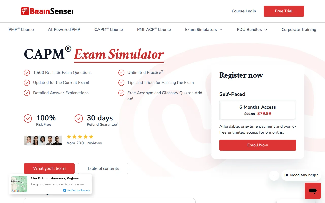 Screenshot of the Brain Sensei’s CAPM Exam Simulator website